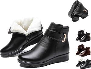 Бархатные кожаные ботинки с металлической пряжкой, осенне-зимние теплые ботильоны с противоскользящей подошвой для женщин Generic, Black-Wool