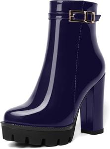 Женские ботильоны AMBELIGHT на платформе с круглым носком, однотонные, для вечеринки, с молнией, сексуальные, лакированные, массивный высокий каблук 12 см, Navy Blue