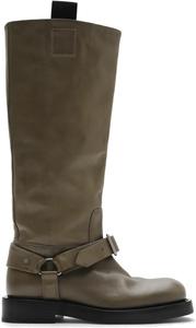 Женские высокие сапоги до колена с ремешком на щиколотке и пряжкой, сапоги для верховой езды с массивным закругленным носком, сапоги на широкую икру, высокие сапоги на плоской подошве для модного образа Kapxumo, Grey