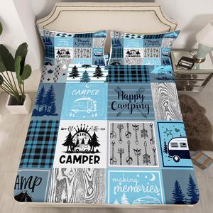 Erosebridal Комплект постельного белья Kids Camper Happy Camping сине-серый клетка с соснами, Blue Grey