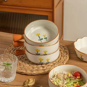 Ceramics Керамический набор посуды с простым подглазурным декором, чаши и тарелки с палочками для дома, полный комплект с узором горной хризантемы, подарок на новоселье, 6-дюймовая чаша с ручкой и набор столовых приборов