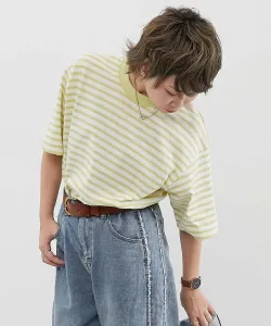 Футболка с коротким рукавом в полоску, 100% хлопок, устойчивая к стирке, свободного кроя, размер 26SS, для взрослых Devirock, цвет 007-S Yellow