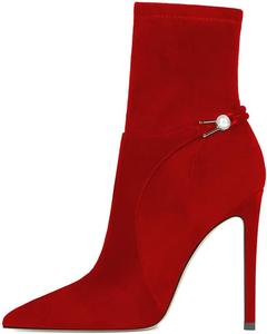 Женские ботильоны YDN с закрытым заостренным носком, эластичной замшей, средние по голени, на шпильке с жемчужной пряжкой, для формального наряда, размеры US 4-15, Red