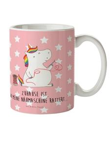 Детская кружка Единорог-швея с надписью в пастельно-красных тонах Mr. & Mrs. Panda