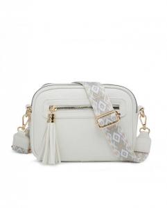 Сумка через плечо с холщовым ремешком и двумя секциями на молнии с кисточками JFY, белый