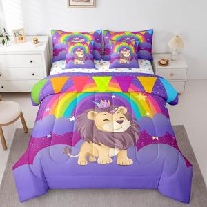 Erosebridal Детский комплект постельного белья Kids Cartoon Lion с радужными облаками и животными принтами, Purple Lightyellow
