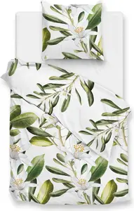 Постельное белье ZO! Home Renforcé - Ragusa - Листья с белыми цветами, 155 x 220 см, зеленые листья с белыми цветами, белый фон. Zo!Home