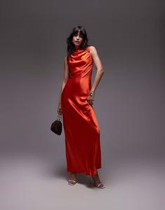 Платье макси с косой отделкой и проймой Topshop оранжевого цвета