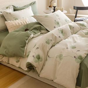 FUANNA Комплект постельного белья 1,8 м, 4 предмета: простыня на резинке, пододеяльник XL, 2 наволочки, состав: хлопок, цвет: зеленый, принт: весенние цветы