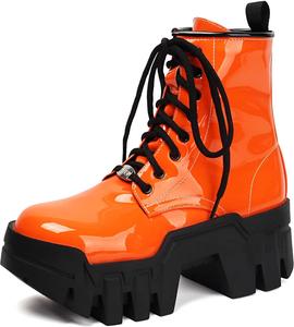 Женские готические лакированные боевые ботинки Shinelly на высоком толстом каблуке с платформой, шнуровкой, короткие ботильоны Y2K панк, с круглым носком для рейв-фестивалей и Хэллоуина, с молнией, Orange