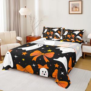 Erosebridal Комплект постельного белья для девочек с принтом привидений и оранжевыми бантами в стиле Хэллоуин, Orange Black White