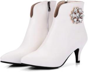 Женские модные ботильоны на каблуке-кирпичике с острым носком, боковой молнией и кристаллами для свадеб WAOLSU, White