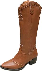 Женские весенне-осенне-зимние ботинки на высоком толстом каблуке однотонные универсальные западные ковбойские ботинки, короткие блестящие ботинки Generic, Brown