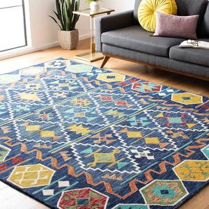 Ковер SAFAVIEH, 336 x 458 см, Aspen Collection, Navy & Gold, ручной работы, бохо, племенной стиль юго-запада, шерстяной, идеален для помещений с высокой проходимостью в гостиной, спальне (APN501A)