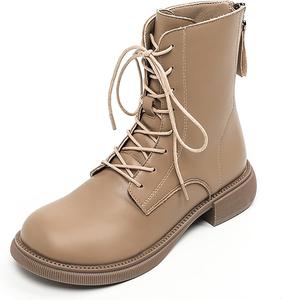 Женские кожаные ботильоны на шнуровке с круглым носком, низким массивным каблуком, сзади на молнии, осень-зима, модные, удобные и теплые SIYAKE, Khaki