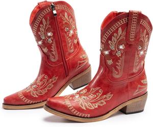Женские ковбойские сапоги, сапоги вестерн с блестящей вышивкой и стразами, короткие женские ботильоны в западном стиле с боковой молнией Cusolemore, Red