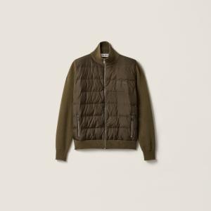 Кашемировый кардиган на молнии с пуховым наполнителем MIU MIU, оливково-зеленая