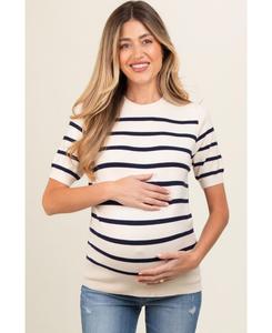 Коричневая полосатая трикотажная блузка с коротким рукавом для беременных Pinkblush, Navy blue