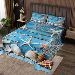 Erosebridal Комплект постельного белья Starfish Seashell King в синем морском стиле с двумя декоративными подушками, Beige White Blue
