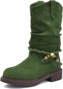 Женские ботинки средней длины с низким толстым каблуком, тянуться, с круглым носком, плетеным ремешком, вестерн-стиль, для зимних праздничных вечеринок, размеры 4-16 US Wo wagas, Green