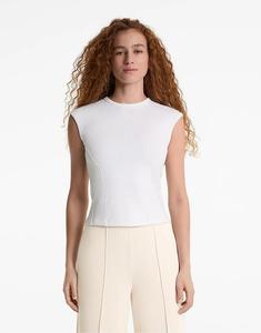 Топ Oysho с короткими рукавами в рубчик из хлопка и модала в кремово-белом цвете