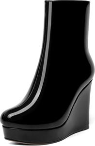 Женские лаковые ботильоны AMBELIGHT с молнией, на платформе, однотонные, с круглым носком, на клиновидном каблуке, средняя голень, 4 дюйма, Black