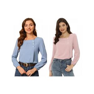 2 упаковки женских повседневных однотонных топов с квадратным вырезом и декором пуговицами ALLEGRA K, цвет Blue Gray Pink