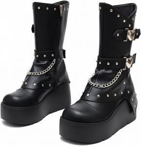 Готические панк ботильоны на массивной платформе из искусственной кожи PU для женщин, для фестивалей и рейвов, с подошвой Reactor 3 дюйма и промышленной металлической фурнитурой CTKVbmeoi, Black