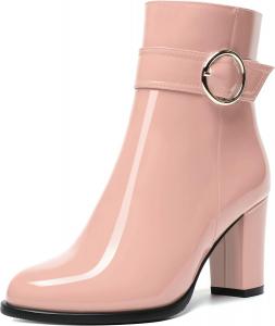 Женские повседневные ботильоны MODENCOCO с круглым носком, боковой молнией, модным дизайном, комфортные лакированные на высоком блочном каблуке 3,5 дюйма, Pink