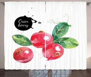 Штора ABAKUHAUS "Фрукты в деревенском стиле", акварельная клюква, присборенная штора из тесьмы для спальни с петлями и крючками, 280 x 225 см, цвет: темно-коралловый, черный и зеленый Abakuhaus