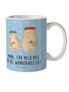 Детская кружка с изображением медведя и цветочного венка с надписью в пастельно-голубых тонах Mr. & Mrs. Panda