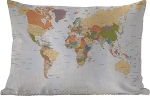 Подушка для улицы - Карта мира - Ретро - Цвета - Образовательная - Статистическая - 60 x 40 см - Устойчива к погодным условиям - Подушка для отдыха - Декоративная подушка - Подушка для дома MuchoWow