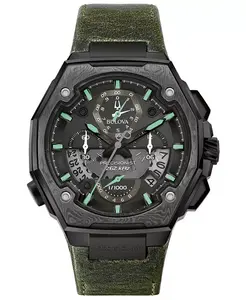 Мужские часы Precisionist Chronograph с зеленым кожаным ремешком 44.7x46.8 мм, специальная серия Bulova