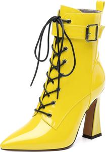 Женские ботильоны на шнуровке с острым носком и высоким каблуком, с боковой молнией, модные однотонные короткие ботинки для женщин RLYGHWAO, Yellow Patent