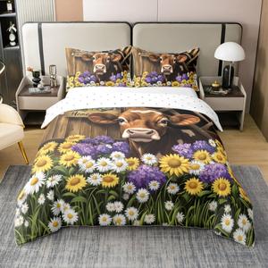 Erosebridal Комплект постельного белья Milk Cow Duvet Cover Set из 100% хлопка с принтом подсолнухов, лаванды и ромашек в деревенском стиле, Yellow Purple White Brown