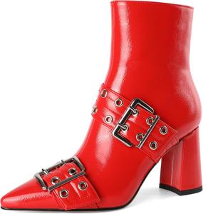Женские ботильоны YODEKS, короткие ботинки с заостренным носком, массивным высоким каблуком, металлической пряжкой и заклепками, Faux Leather Red