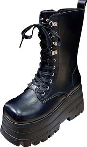 Женские ботильоны на средней подошве в готическом стиле для рейва с шнуровкой, сексуальные ботинки с заостренным носком и боковой молнией Generic, Black