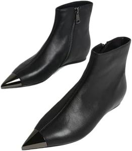 Женские кожаные ботильоны на плоском каблуке с металлическим декором и боковой молнией WAOLSU, Black