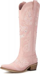 Женские ковбойские сапоги Lumeheel - высокие вестерн-сапоги для девушек, блестящие ретро-ботинки с кристаллами и классической вышивкой, заостренный носок, массивный каблук, на молнии, модные винтажные высокие сапоги, Light Pink