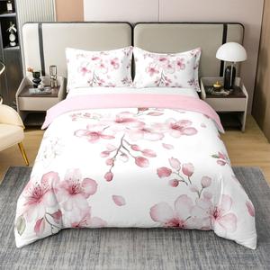 Erosebridal Комплект постельного белья Japanese Sakura из 100% хлопка с цветочным принтом сакуры, Pink White
