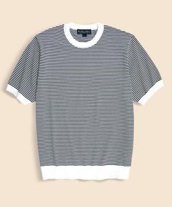 Хлопковый/шелковый полосатый свитер с круглым вырезом и короткими рукавами