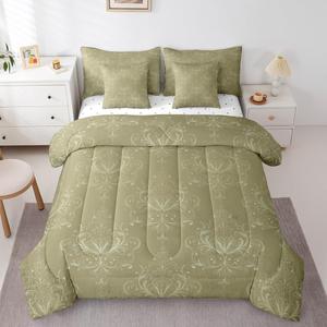 Erosebridal Комплект постельного белья 7Pcs Dark Olive Green Damask с винтажным цветочным принтом, Green