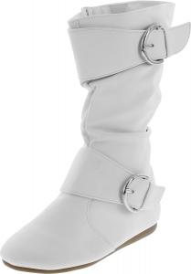 Сапоги для девочек Link Klein-80K, детские милые с искусственной кожей, с двумя пряжками, молнией, плоским каблуком, средней высоты, White