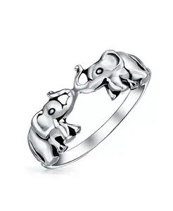 Кольцо с изображением животных зоопарка, двух слонов, оксидированное серебро 925 пробы, с надписью «Хобот вверх» Bling Jewelry, silver