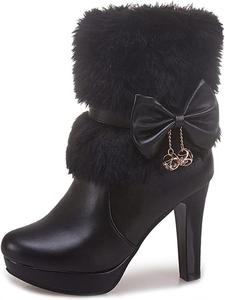 Женские модные ботильоны на платформе с высоким каблуком, с круглым носком, молнией и бантом, элегантные короткие ботинки JOEUSTY, Black-Velvet Lined