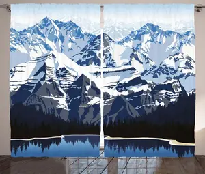 Шторы ABAKUHAUS "Деревенский пейзаж", вид на горы со снегом, универсальные ленточные шторы для гостиной с петлями и крючками, 280 x 225 см, цвет: сине-серый, темно-синий, белый Abakuhaus