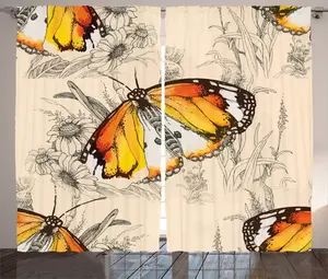 Штора ABAKUHAUS "Бабочка" в деревенском стиле, "Медитативное путешествие", универсальная тесьма для гостиной с петлями и крючками, 280 x 225 см, цвет: оранжево-черный, кремовый Abakuhaus