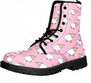 Женские короткие ботинки с принтом на шнуровке, с широким каблуком, боевые ботильоны для девушек и женщин, осенние и зимние, с рисунком роз, черепов, бабочек и мультяшных узоров Maimeili, Sheep Pink