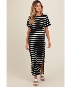 Длинное платье для беременных в белую полоску с боковым разрезом Pinkblush, Black