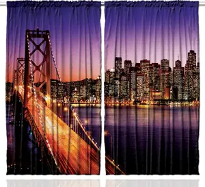 Штора ABAKUHAUS "Городской пейзаж" в деревенском стиле, "Американский мост", универсальная ленточная штора для гостиной с петлями и крючками, 280 x 175 см, фиолетово-оранжевый Abakuhaus